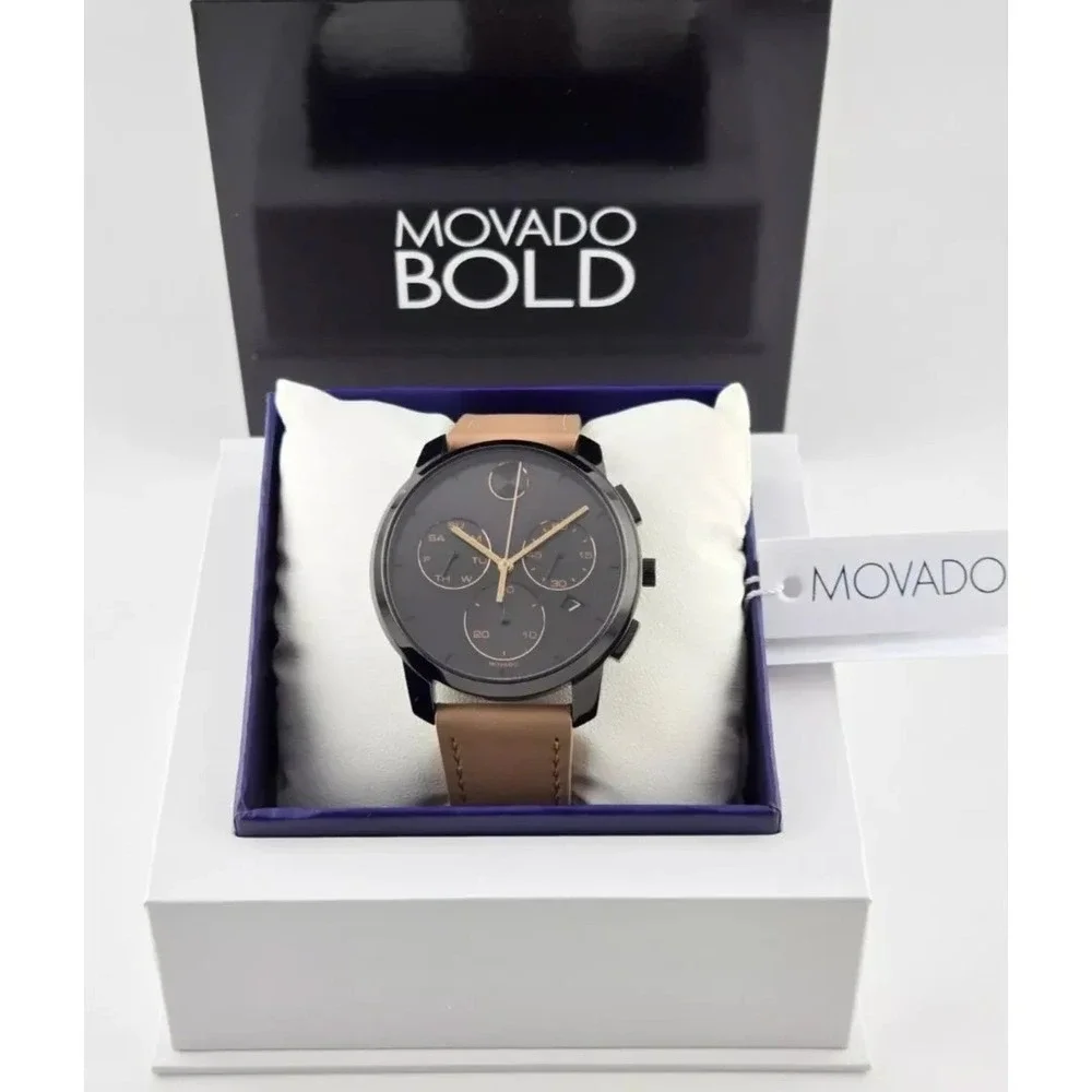 Movado Bold Chronograph 3600719 Black Dial Beige Leather Strap Watch NIB $695